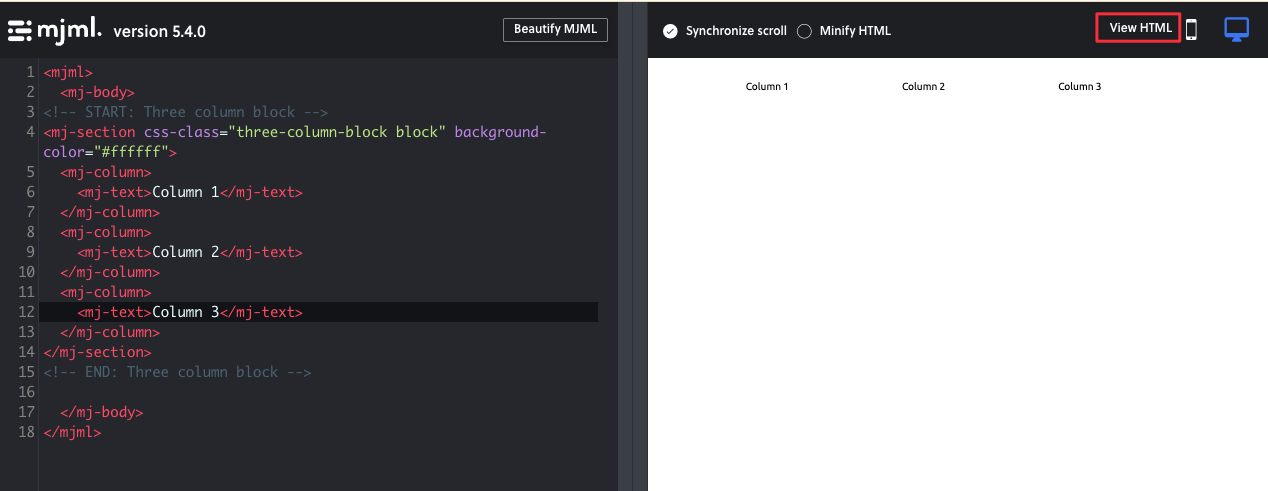 Clicking View HTML in the MJML online editor