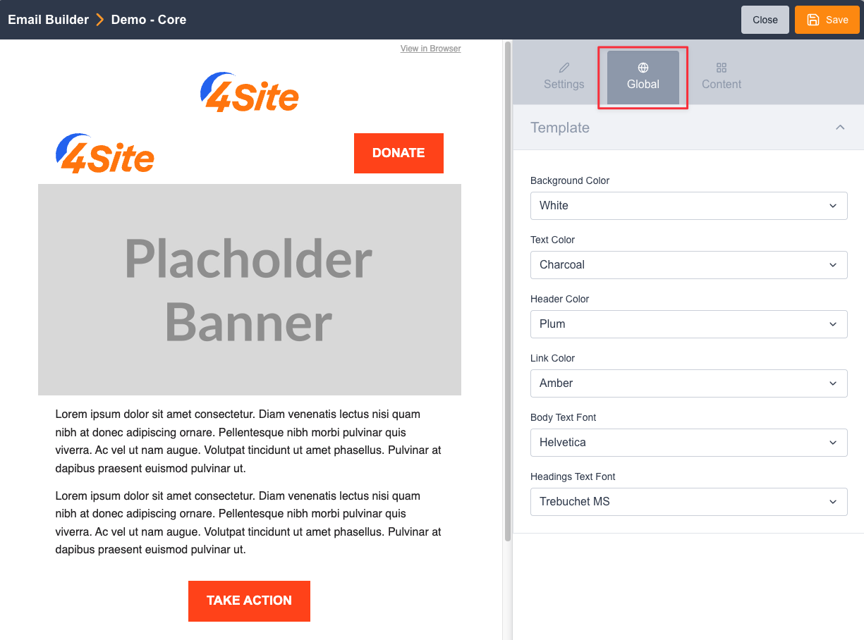 Global tab showing the template's global style configuration options