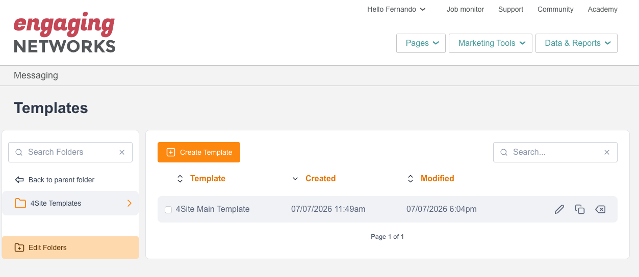 Templates listing showing the 4Site Main Template