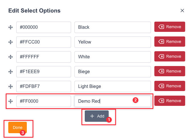 Adding a new option with a hex code value and label