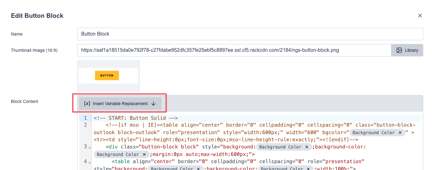 Clicking the Insert Variable Replacement button on a block
