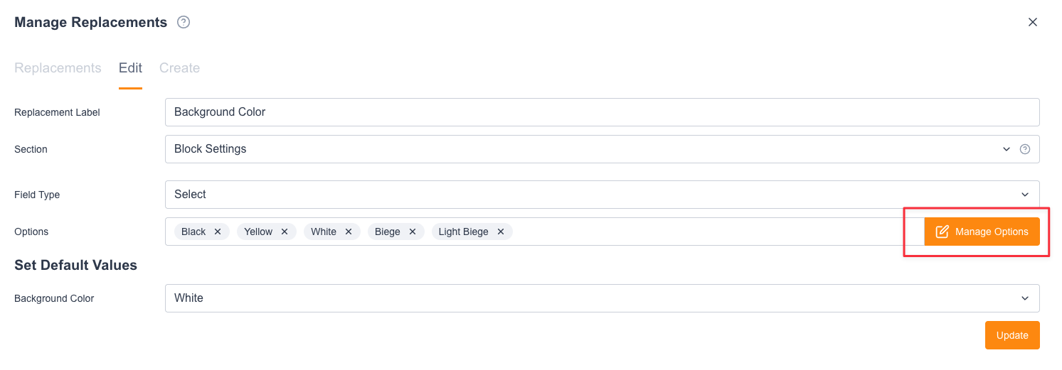 Clicking Manage Options inside the replacement editor