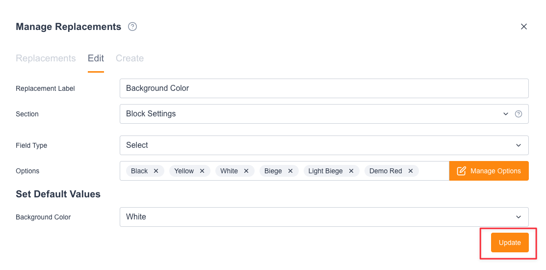 Clicking Update in the replacements modal